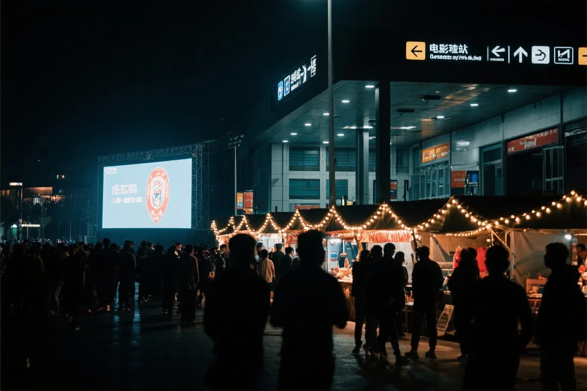 费城球迷广场夜景：大屏观赛人群、步行指示牌与公共交通入口